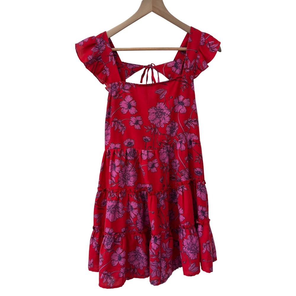 Band of the Free Floral Mini Dress M Red Pink Tiered Flutter Sleeve Tie Back